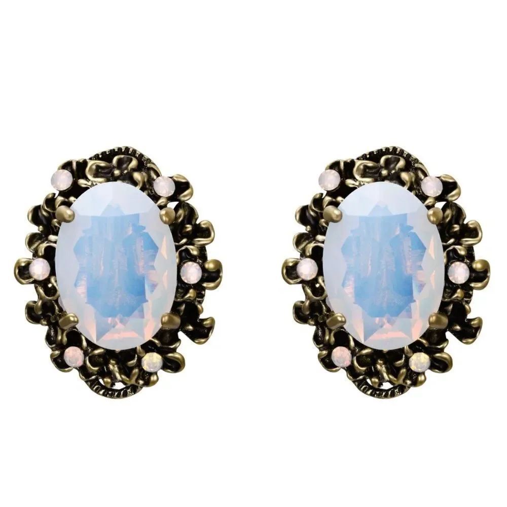 Antique Yellow Gold with White Opal Austrian Crystal Cameo Post Stud Earrings